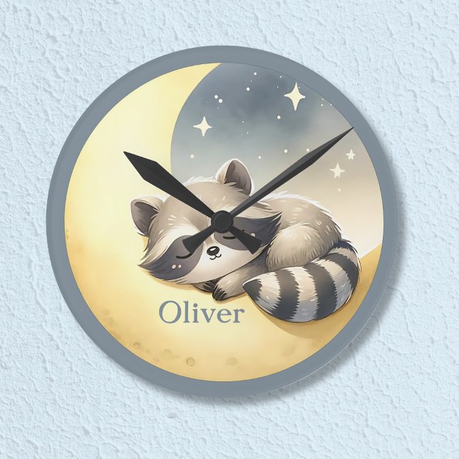 Custom Name Raccoon on the Moon Cute Kids Nursery  Round Clock (Adorable raccoon on the moon wall clock with your child's name! Perfect for nursery or kids' room.)