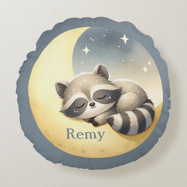 Custom Name Raccoon on the Moon Cute Nursery Round Pillow (Front)