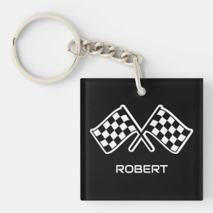 Custom Name Racing Chequered Flags Black Keychain