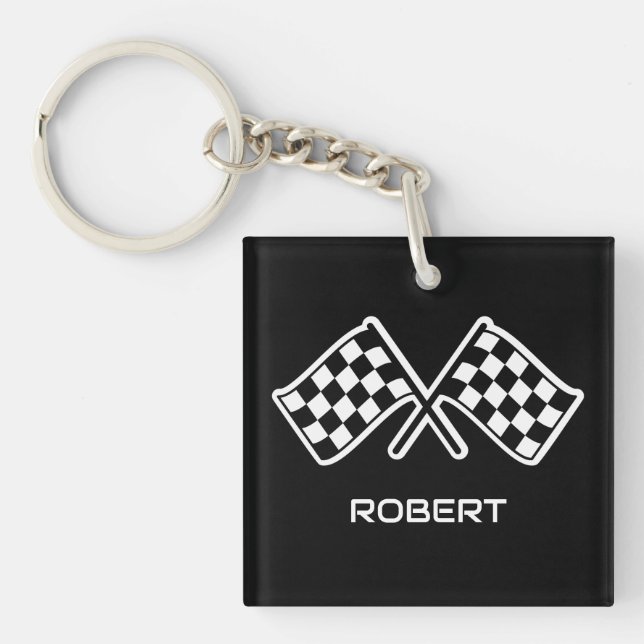 Custom Name Racing Chequered Flags Black Keychain (Front)