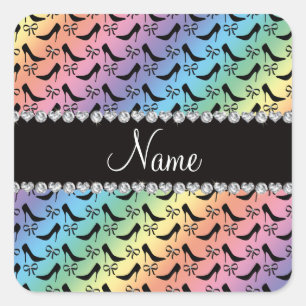 Custom name rainbow black high heels bow diamond square sticker