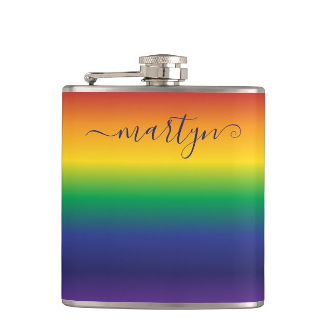 Custom Name Rainbow Colourful Stripes Hip Flask (Front)