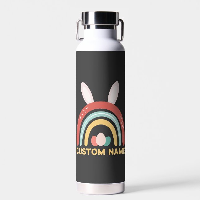 Custom Name Rainbow Egg Bunny Ear Cute Easter Water Bottle (Front)