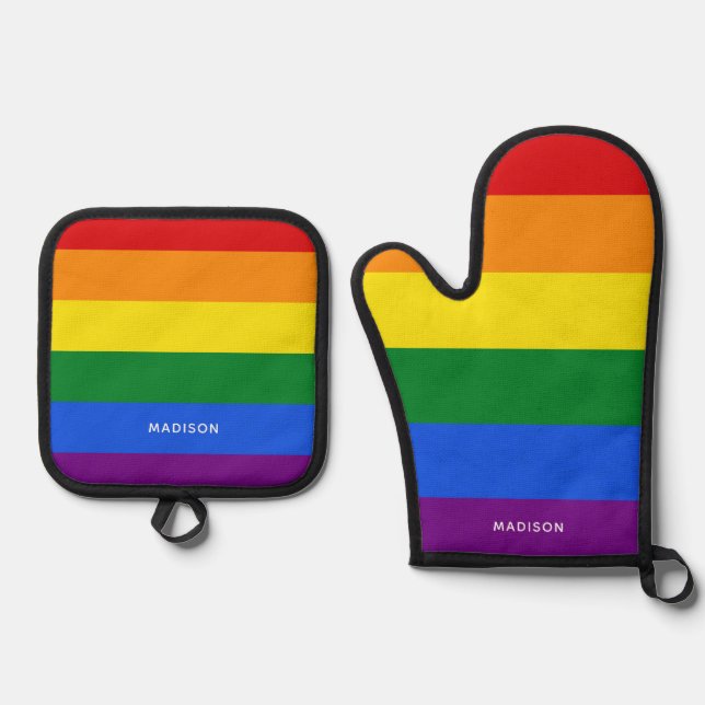 Custom Name Rainbow Flag Oven Mitt & Pot Holder Set (Front)