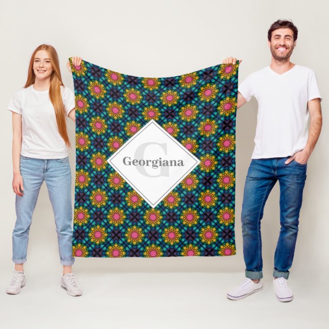 Custom Name Rainbow Floral Fountain Diamond Tiles Fleece Blanket (In Situ)