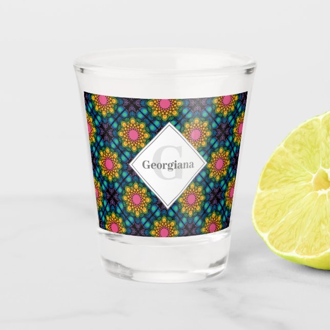 Custom Name Rainbow Floral Fountain Diamond Tiles Shot Glass (Front)