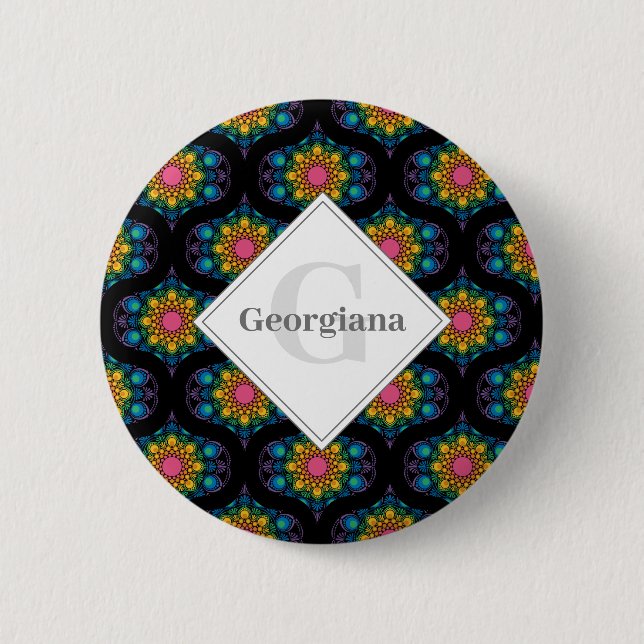 Custom Name Rainbow Floral Fountain Mid Mod Ogee 2 Inch Round Button (Front)
