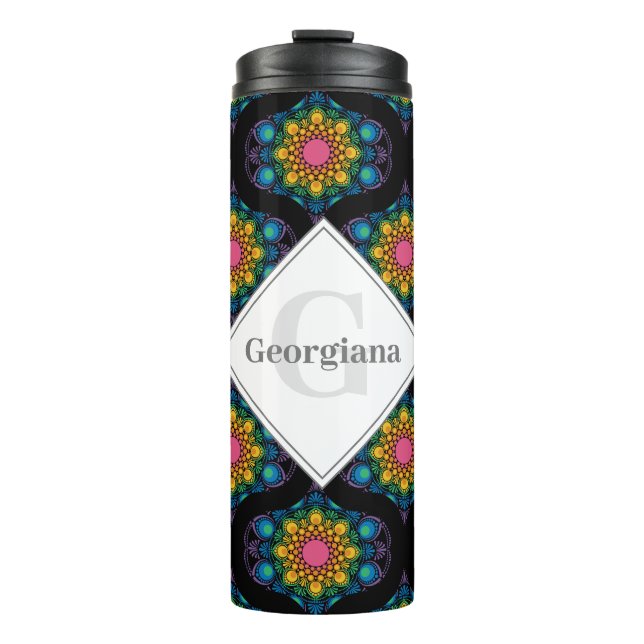 Custom Name Rainbow Floral Fountain Mid Mod Ogee Thermal Tumbler (Front)