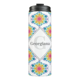 Custom Name Rainbow Floral Mandala Retro Ogee Thermal Tumbler