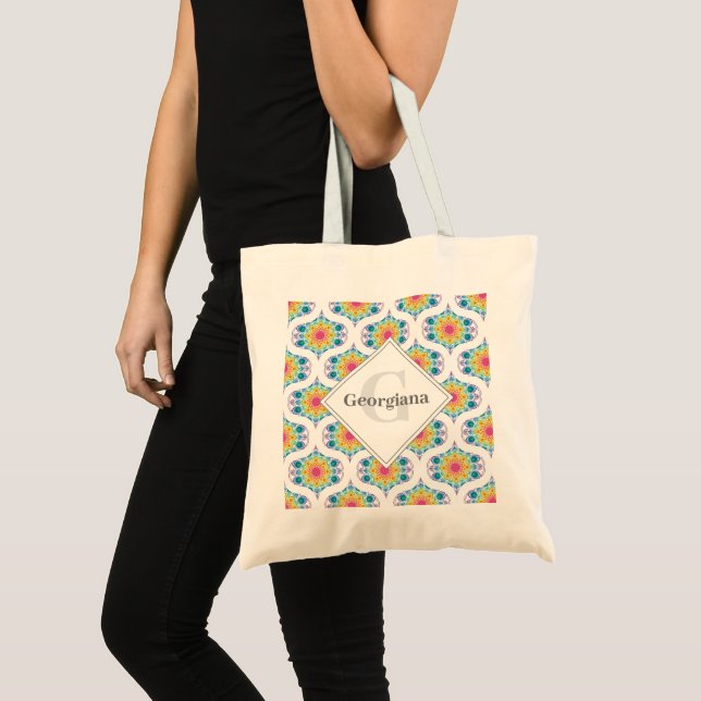Custom Name Rainbow Floral Mandala Retro Ogee Tote Bag (Front (Product))