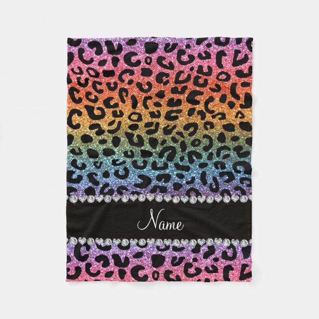 Custom name rainbow glitter cheetah print fleece blanket (Front)