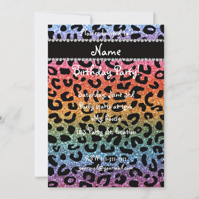 Custom name rainbow glitter cheetah print invitation (Front)