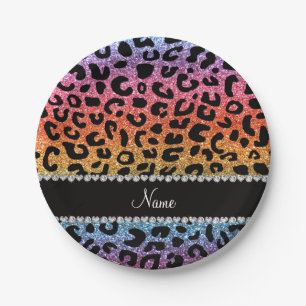 Custom name rainbow glitter cheetah print paper plate