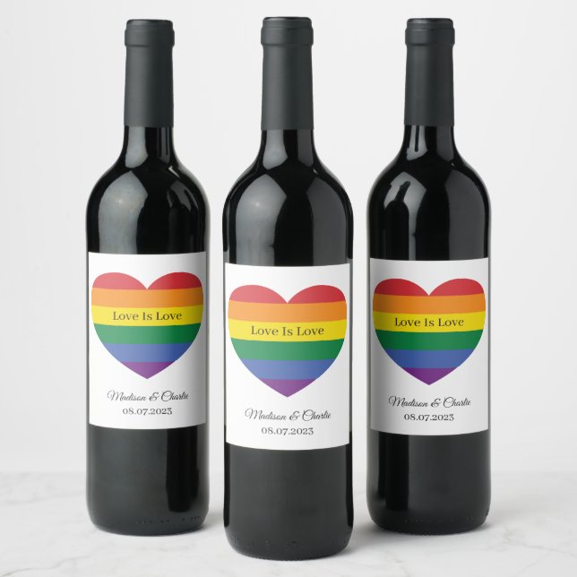 Custom Name Rainbow Heart Wine Label (Bottles)