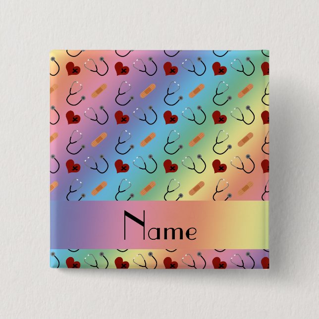 Custom name rainbow stethoscope bandage heart 2 inch square button (Front)