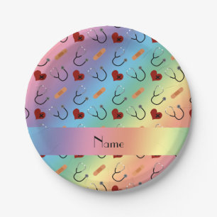 Custom name rainbow stethoscope bandage heart paper plate