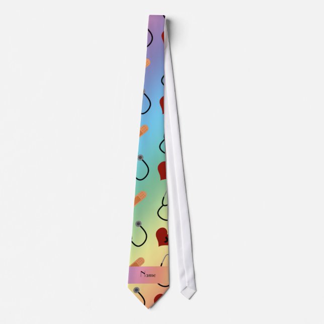 Custom name rainbow stethoscope bandage heart tie (Front)