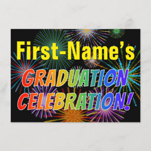 Custom Name, Rainbow Text, Fireworks Grad Party Invitation