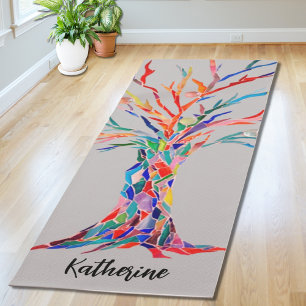 Custom Name Rainbow Tree Grey Yoga Mat