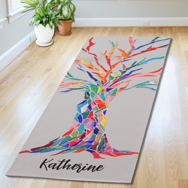 Custom Name Rainbow Tree Grey Yoga Mat (Creator Uploaded)