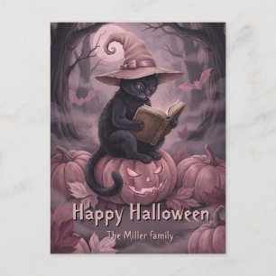 Custom Name Reading Black Cat & Pink Pumpkins Holiday Postcard