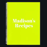 Custom Name Recipe Book Mother's day Birthday gift<br><div class="desc">Custom Name Recipe Book Mother's day Birthday gift Notebook
you can customize the text,  name,  etc
White letters,  Chartreuse green background,  spiral bound
great gift for mom!</div>