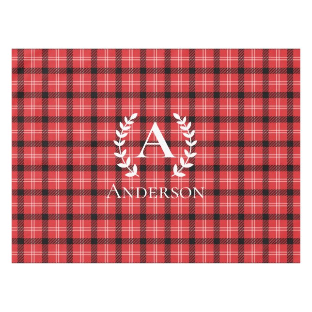 Custom Name Red and Black Plaid Christmas  Tablecloth (Front (Horizontal))