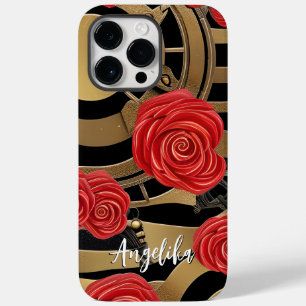 Custom Name Red and Gold Abstract Floral Steampunk Case-Mate iPhone 14 Pro Max Case