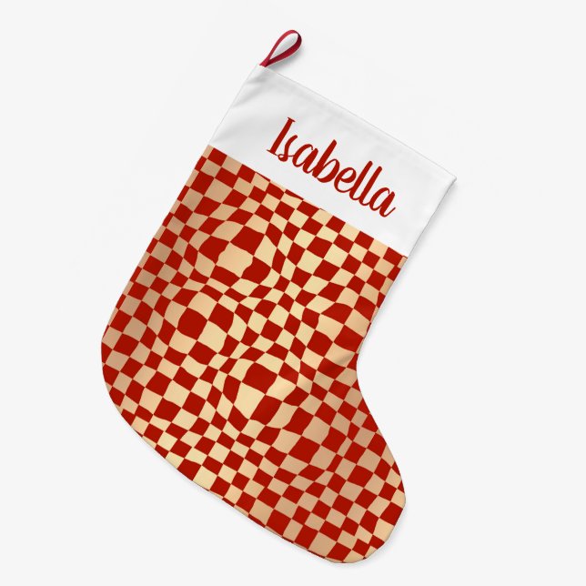 Custom Name Red and Gold Chequered Pattern Large Christmas Stocking (Front (Hanging))
