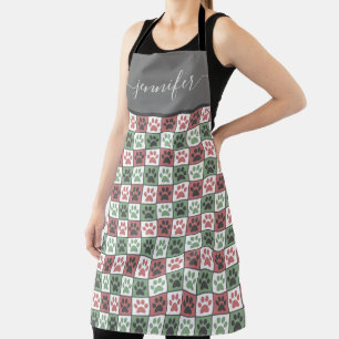 Custom Name Red and Green Dog Paw Print Pattern Apron