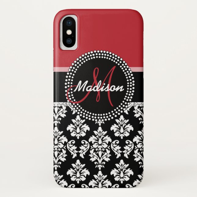 Custom Name Red Black Damask Pattern Monogram Case-Mate iPhone Case (Back)