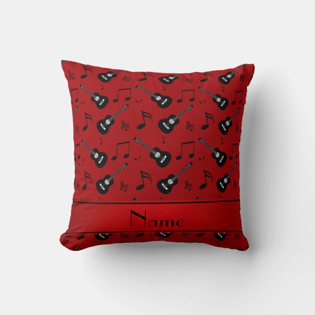 Custom name red black guitars music notes throw pillow (Front)