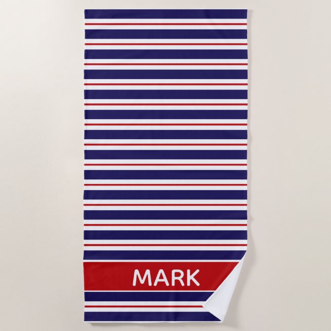 Custom Name Red Blue And White Cabana Stripe Beach Towel (Front)