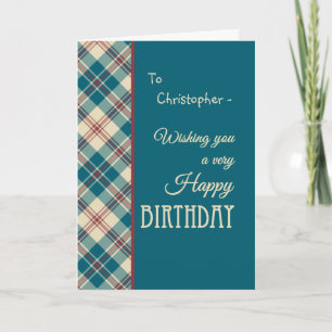 Custom Name Red Blue Madras Check Birthday Card