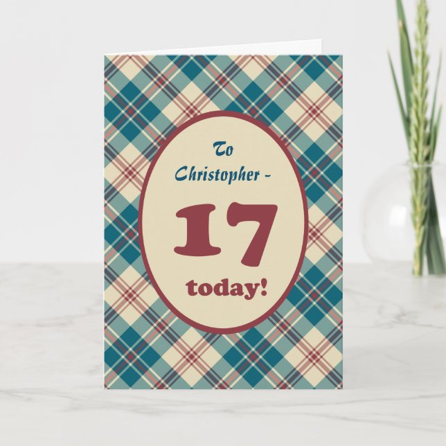 Custom Name Red Blue Plaid 17th Birthday Card (Front)