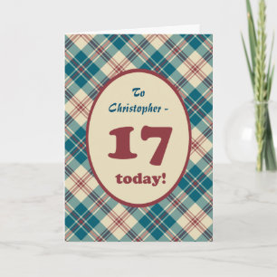 Custom Name Red Blue Plaid 17th Birthday Card