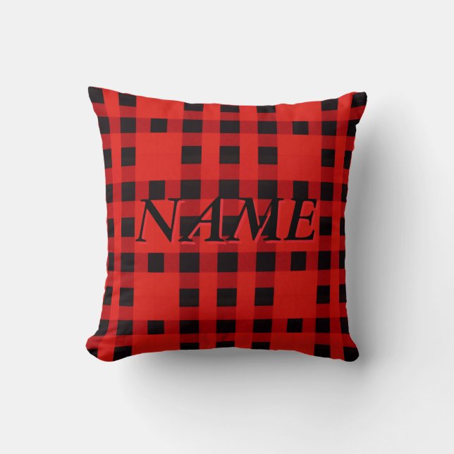 Custom Name Red Buffalo Plaid Christmas Throw Pillow (Front)