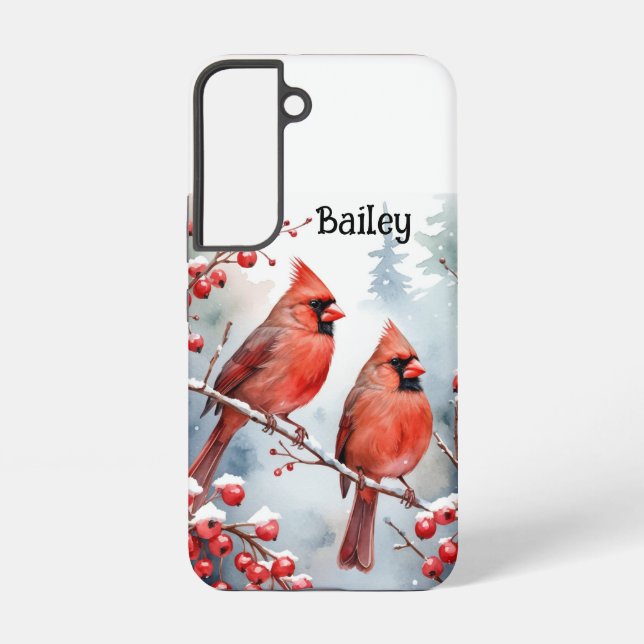 Custom Name Red Cardinal Bird Winter Snow Berries Samsung Galaxy S22 Case (Back)