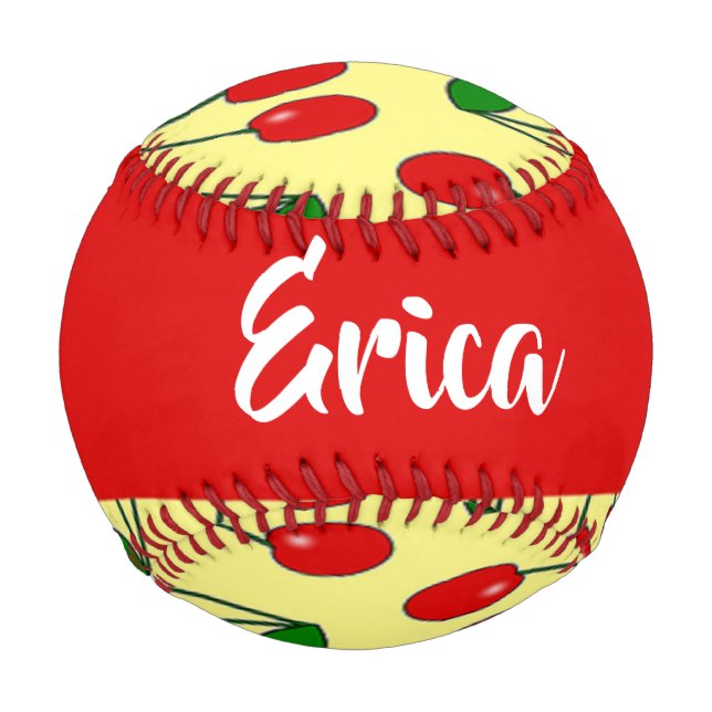 Custom name red cherries on yellow baseball (Front)