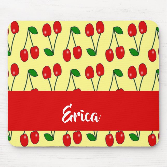 Custom name red cherries on yellow mouse pad (Front)