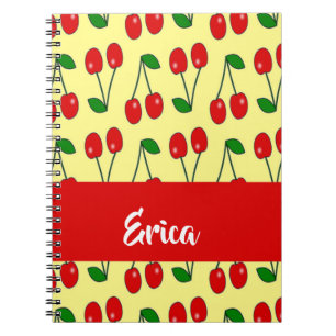 Custom name red cherries on yellow notebook
