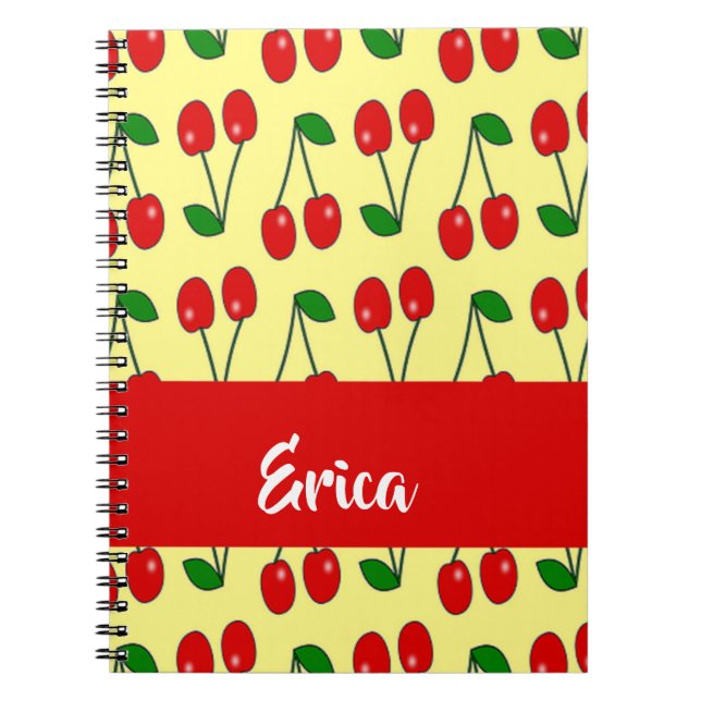 Custom name red cherries on yellow notebook (Front)