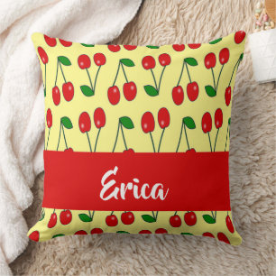 Custom name red cherries on yellow throw pillow