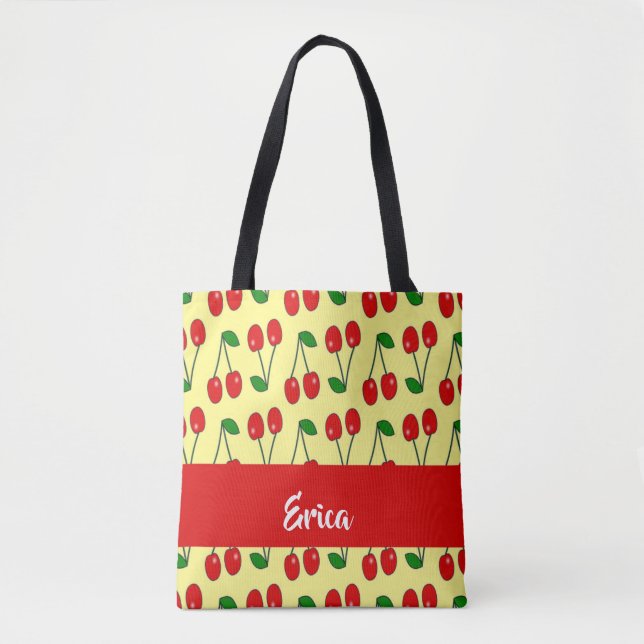 Custom name red cherries on yellow tote bag (Front)