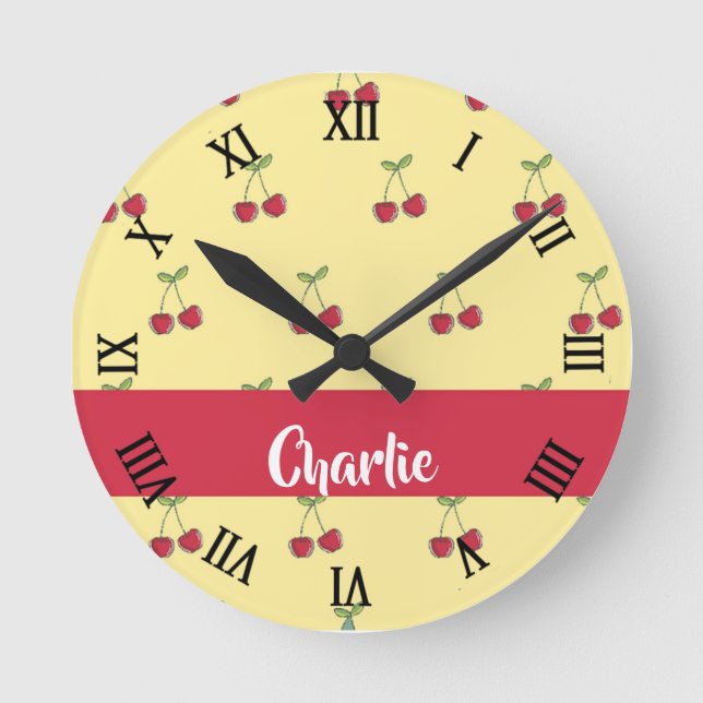 Custom name red cherries pattern round clock (Front)