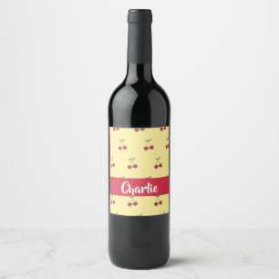 Custom name red cherries pattern wine label