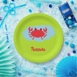 Custom name red crab on blue and green paper plate