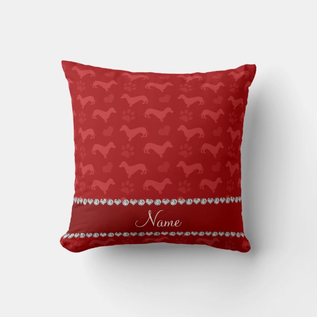 Custom name red dachshunds hearts paws throw pillow (Front)