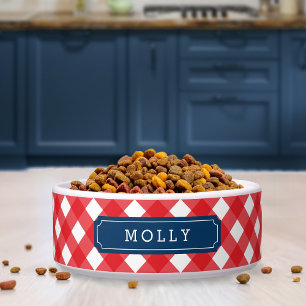 Custom Name Red Gingham Blue Label Bowl