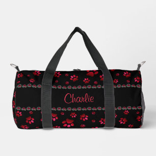 Custom name, red glitter dog paws duffle bag